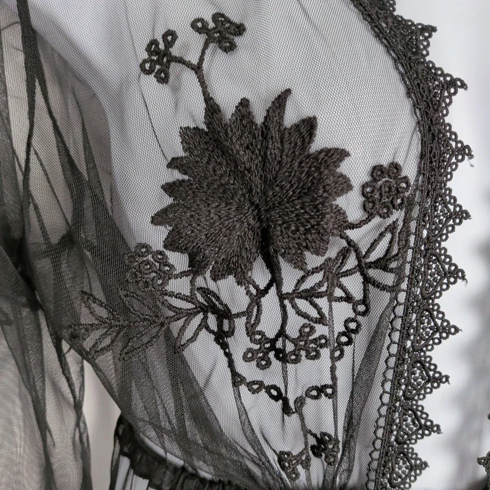 Whimsigoth Fairy Sheer Mesh Floral Embroidered Duster Kimono Robe